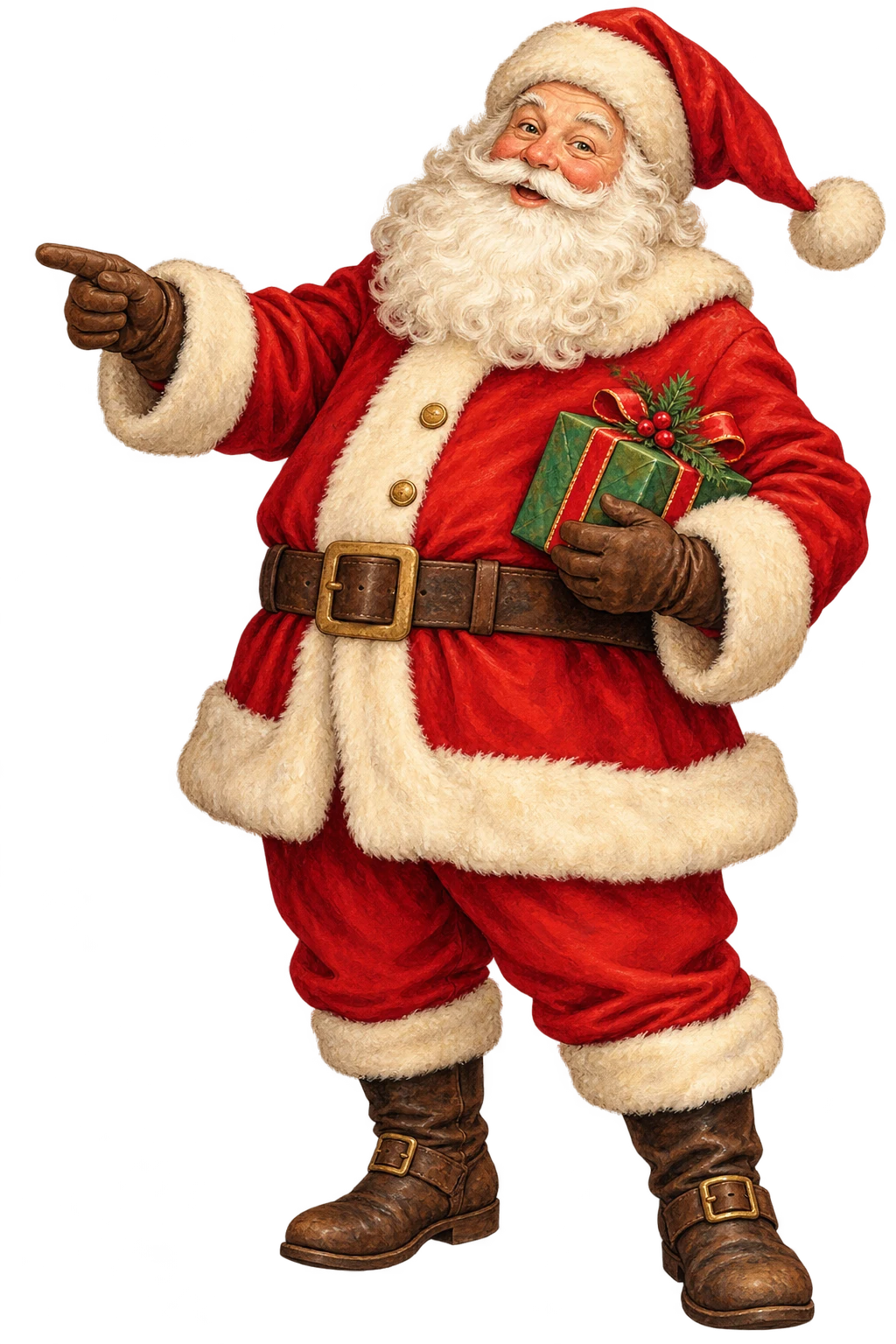 Papai Noel com um presente, convidando você a conhecer a coleção